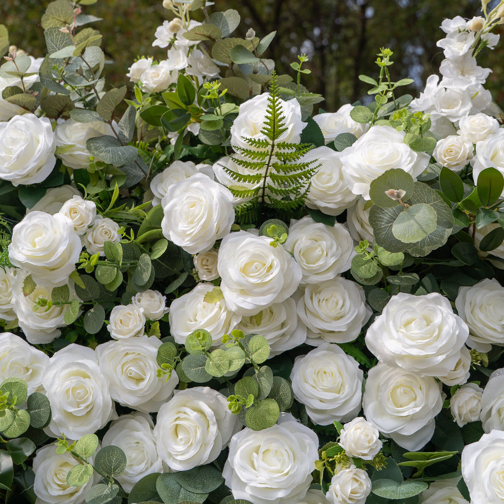 Orin: 5D Elegant White Silk Rose & Greenery Wall Roll-Up Fabric Backdrop for Grand Garden Weddings & Receptions