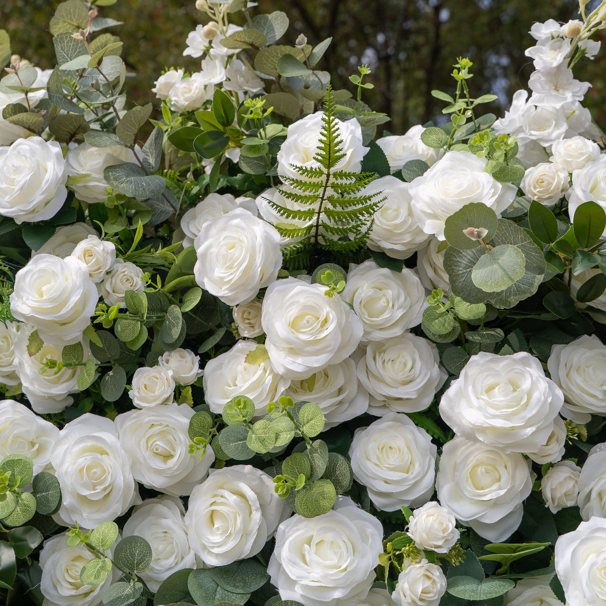 Orin: 5D Elegant White Silk Rose & Greenery Wall Roll-Up Fabric Backdrop for Grand Garden Weddings & Receptions