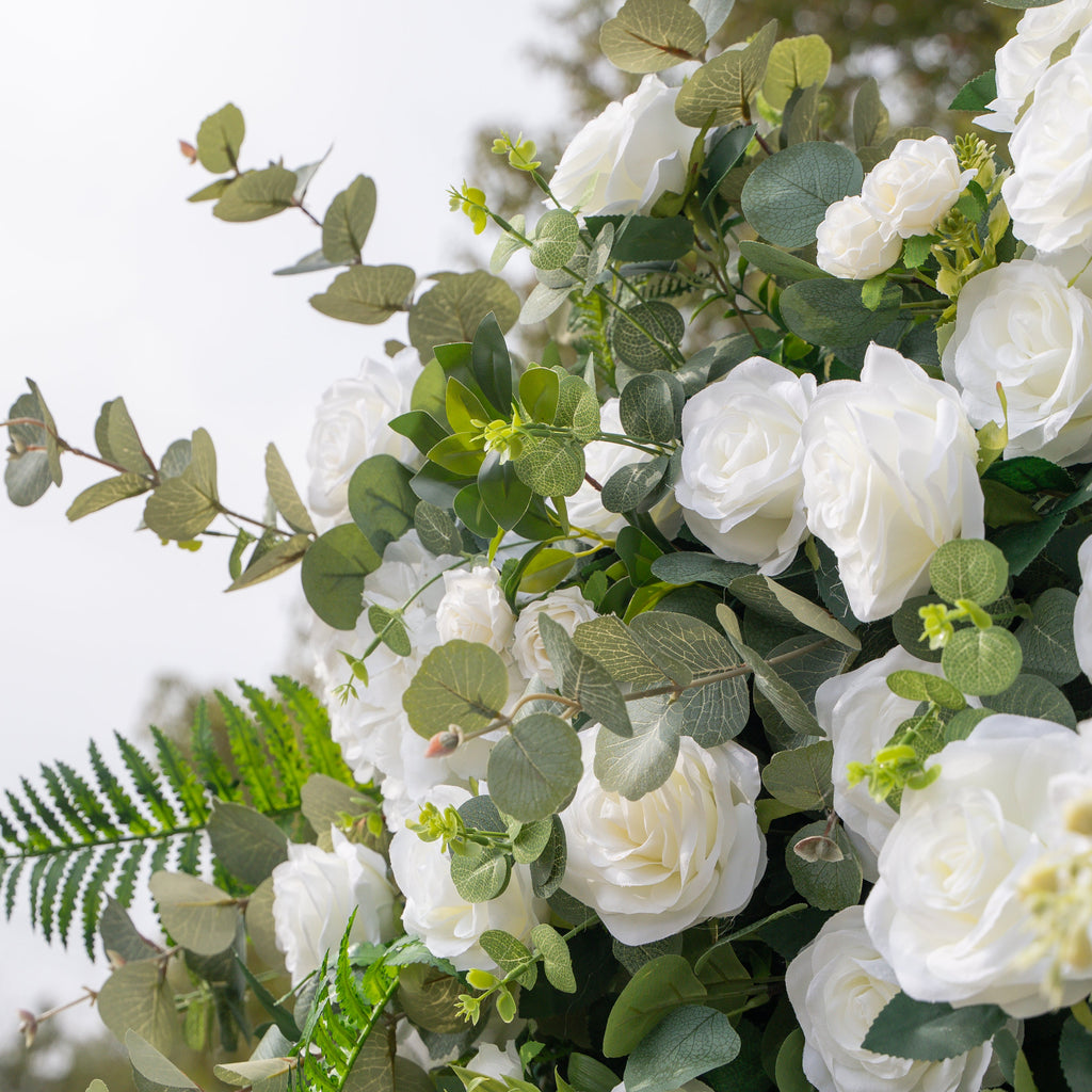 Orin: 5D Elegant White Silk Rose & Greenery Wall Roll-Up Fabric Backdrop for Grand Garden Weddings & Receptions