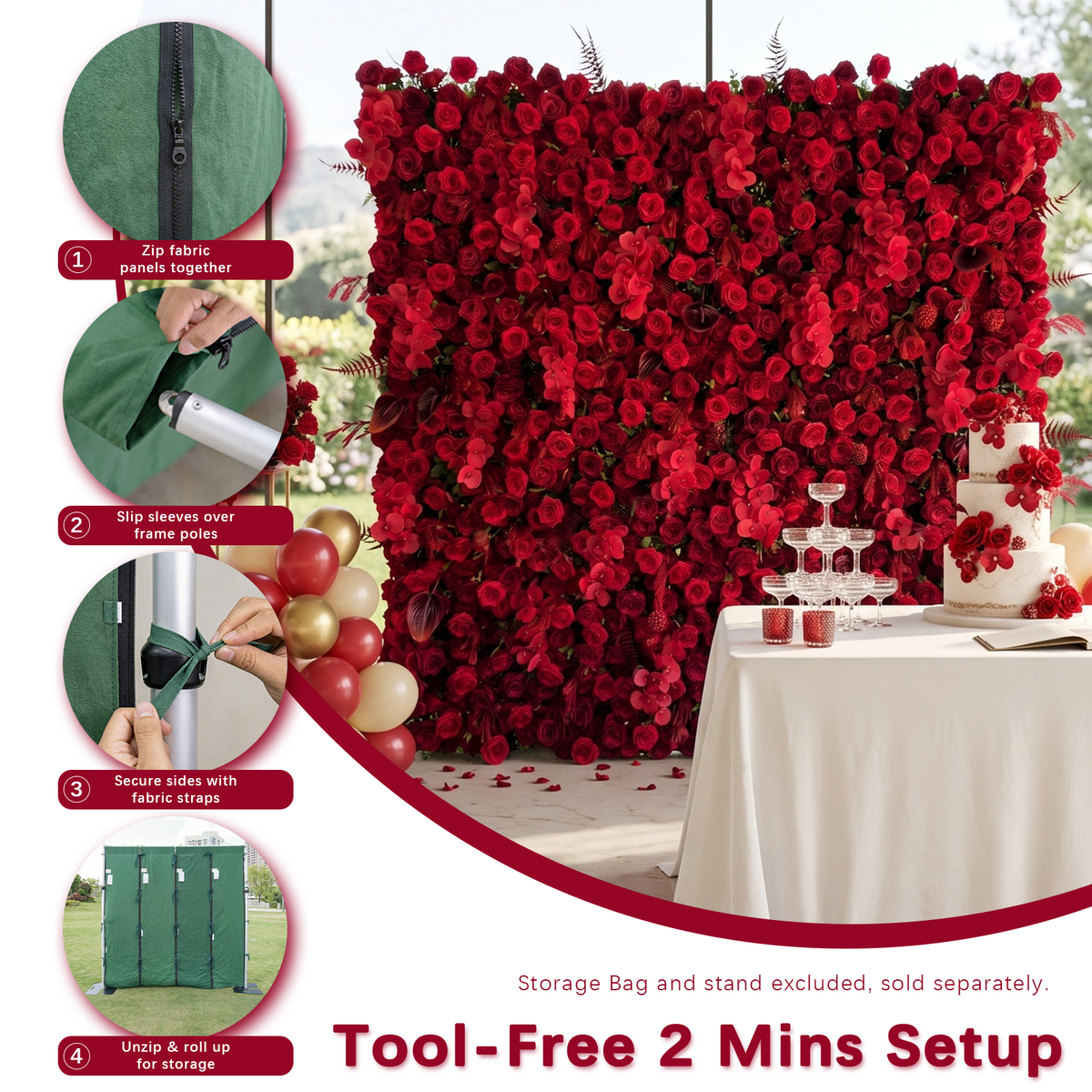 Crimson: 3D Elegant Berry & Burgundy Rose Silk Flower Wall Curtain for Wedding Ceremony & Events Decor (In US Stock 5-7 Days)