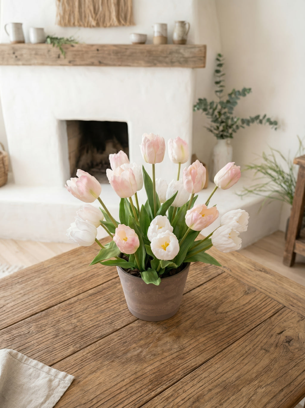 21.6" Artificial Blush Mixed Tulips - Potted Floral for Modern Home & Garden Decor