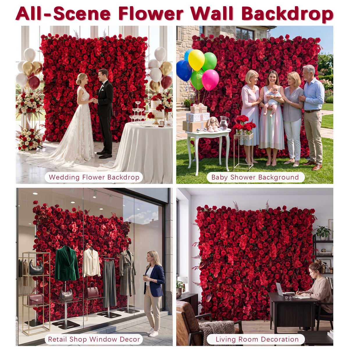 Crimson: 3D Elegant Berry & Burgundy Rose Silk Flower Wall Curtain for Wedding Ceremony & Events Decor (In US Stock 5-7 Days)