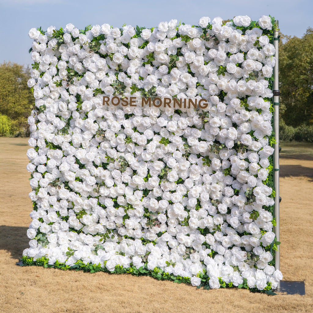 Seren: 3D Luxury White Rose & Greenery Silk Floral Wall Roll-Up Fabric Backdrop for Elegant Ceremonies & Garden Receptions