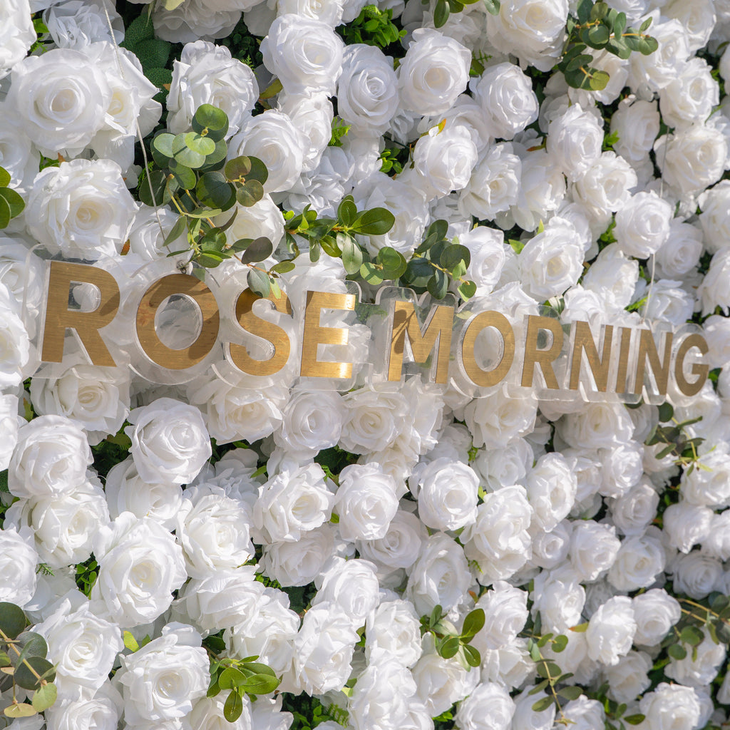 Seren: 3D Luxury White Rose & Greenery Silk Floral Wall Roll-Up Fabric Backdrop for Elegant Ceremonies & Garden Receptions