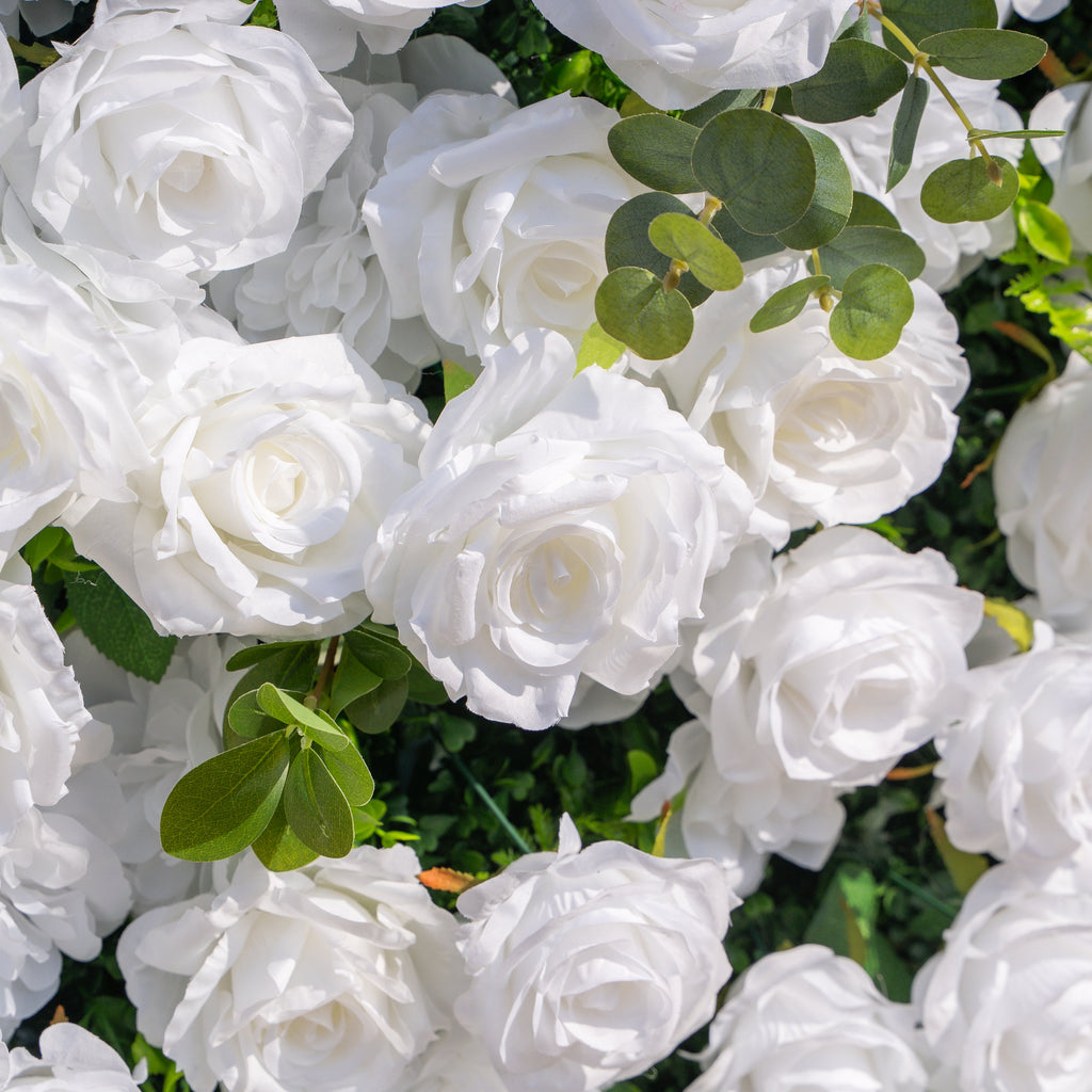 Seren: 3D Luxury White Rose & Greenery Silk Floral Wall Roll-Up Fabric Backdrop for Elegant Ceremonies & Garden Receptions