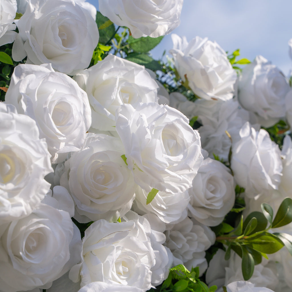 Seren: 3D Luxury White Rose & Greenery Silk Floral Wall Roll-Up Fabric Backdrop for Elegant Ceremonies & Garden Receptions