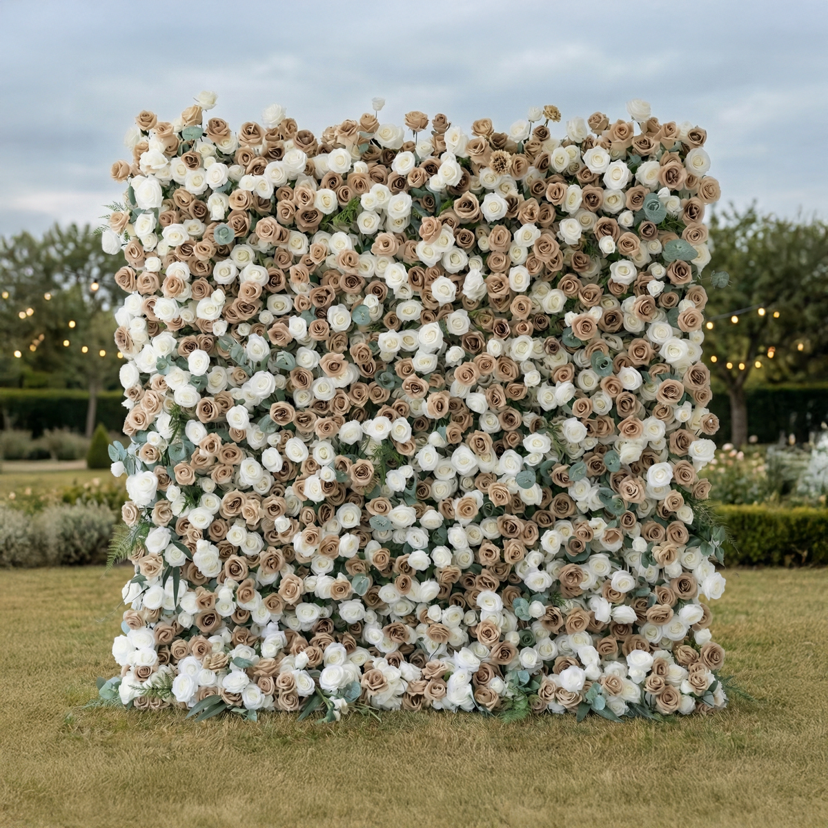 Sorcha: 5D Luxury Latte & Cream Silk Rose Flower Wall Roll-Up Fabric Backdrop for Grand Manor Weddings & Events