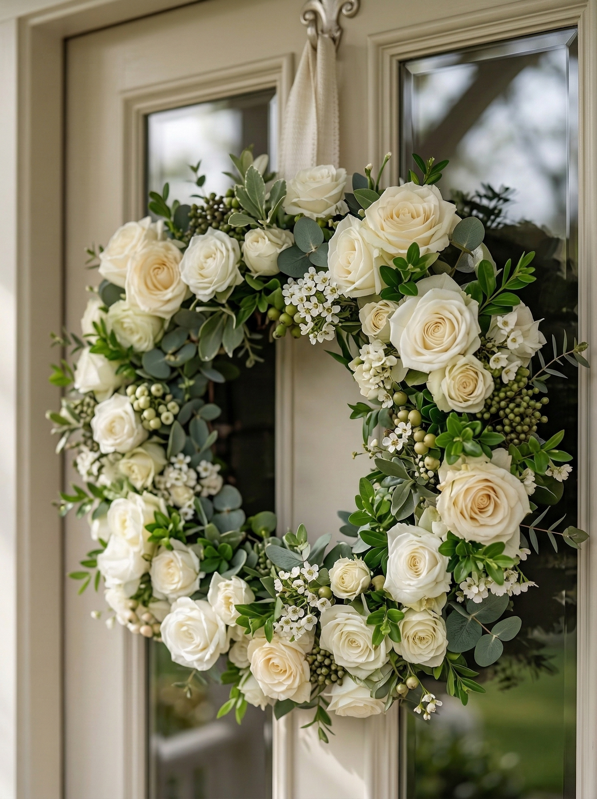 21.65"New Summer Style Wreath with White Roses and Greenery For Door Hanging
