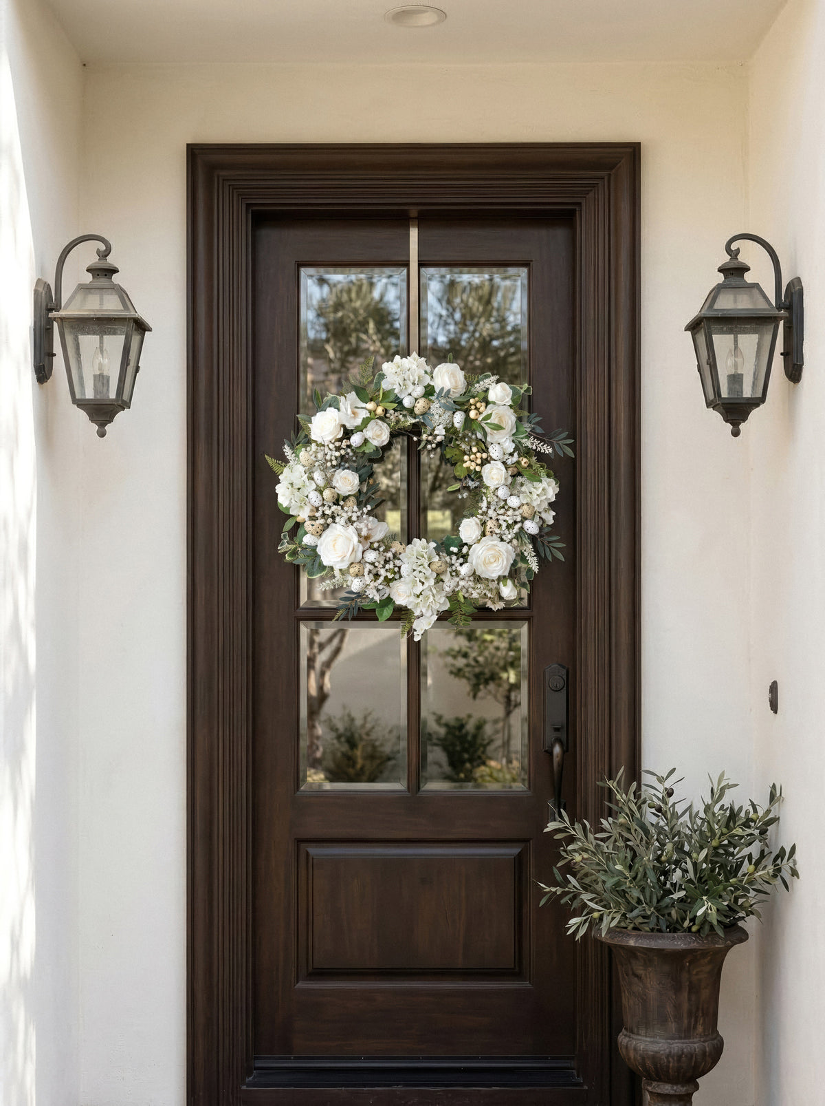 2026 New Style 21.65" Hanging Wreath with Artifial White Roses Babybreath and quail eggs For Door Hanging