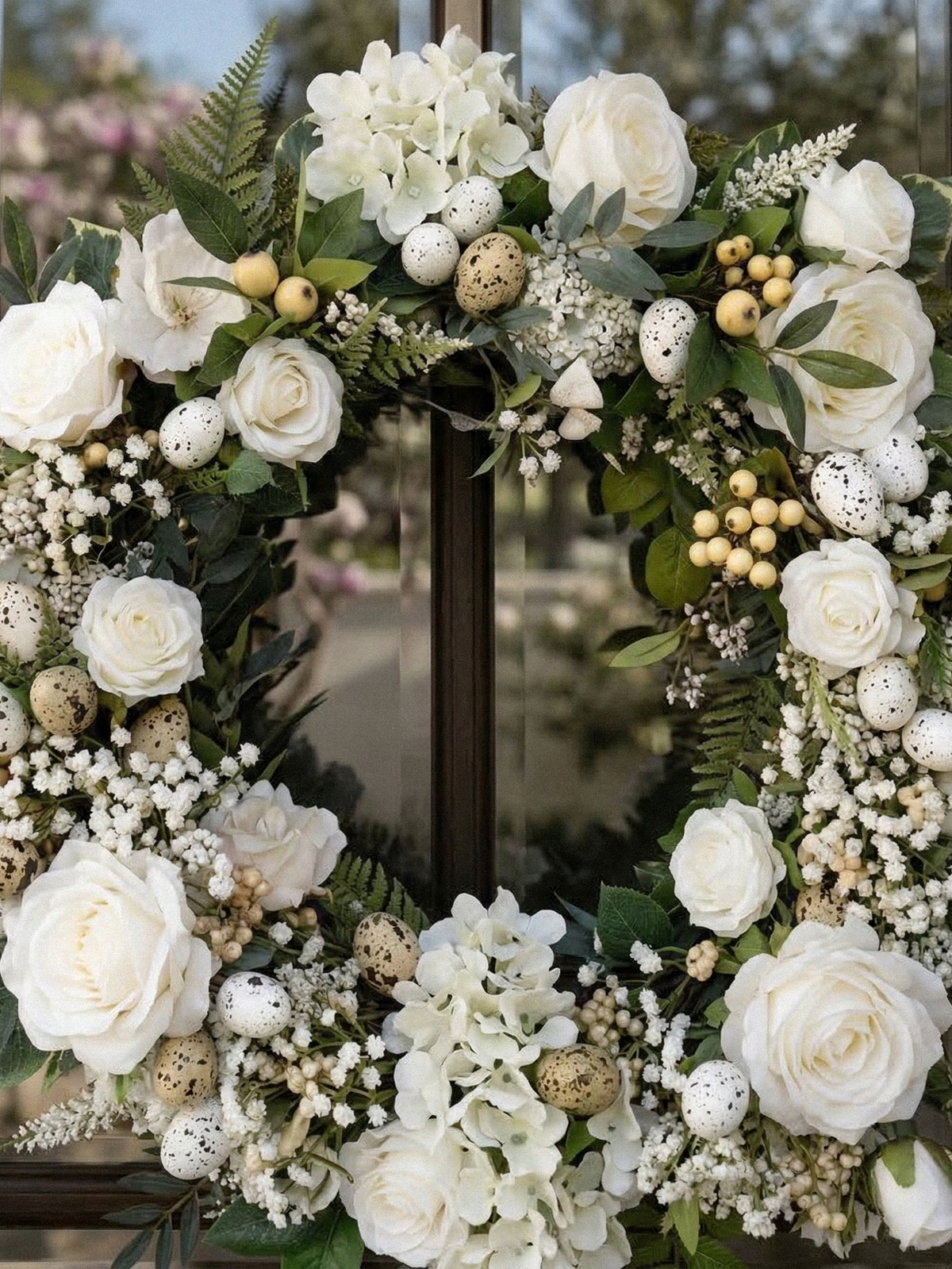 2026 New Style 21.65" Hanging Wreath with Artifial White Roses Babybreath and quail eggs For Door Hanging