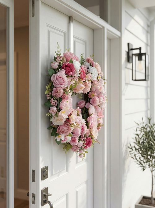 21.65"New Spring Style Wreath Heart shape with Pink Roses For Door Hanging