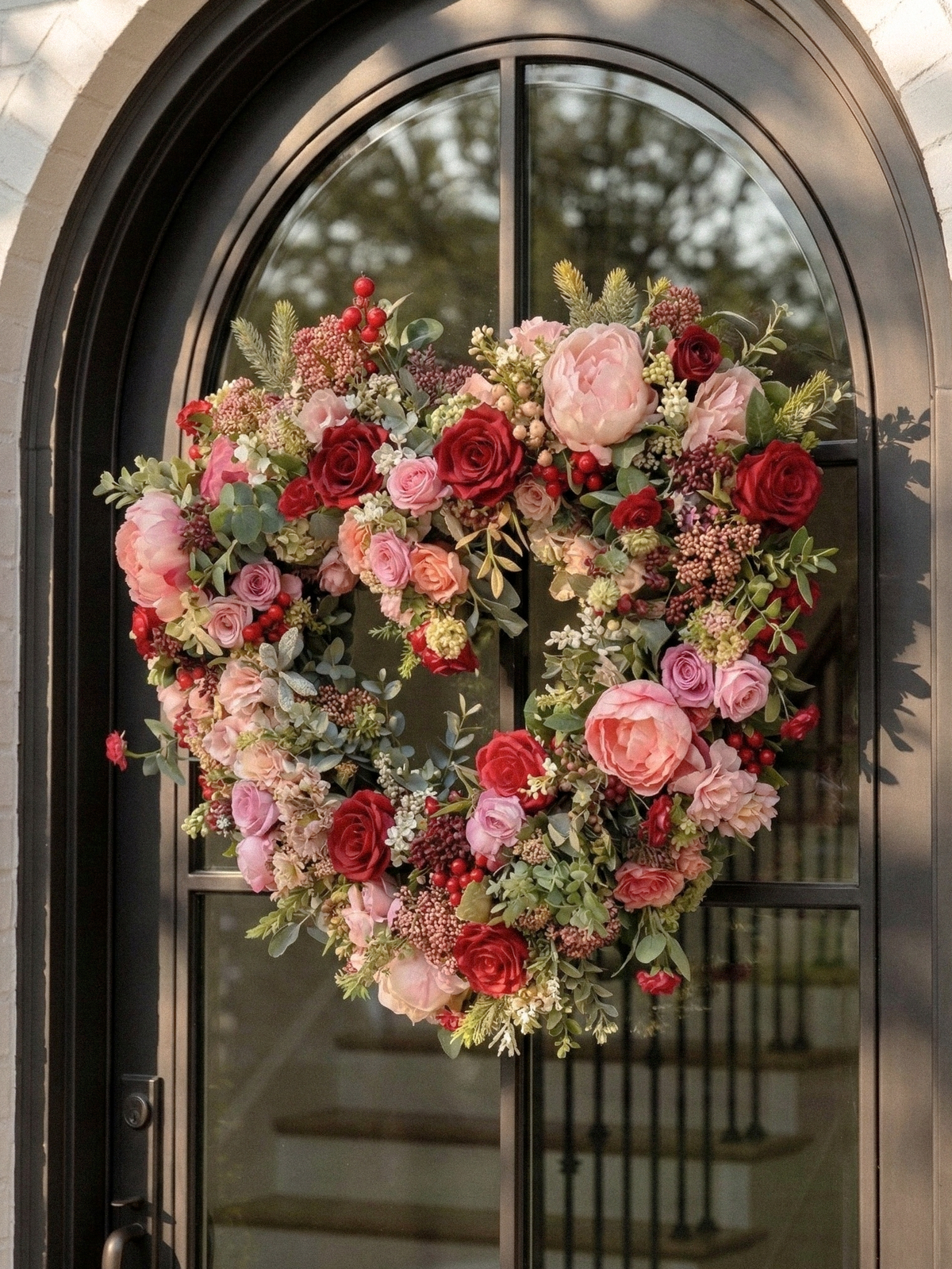 New Spring Style 20" Wreath with Pink&Red Roses and red berry For Door Hanging