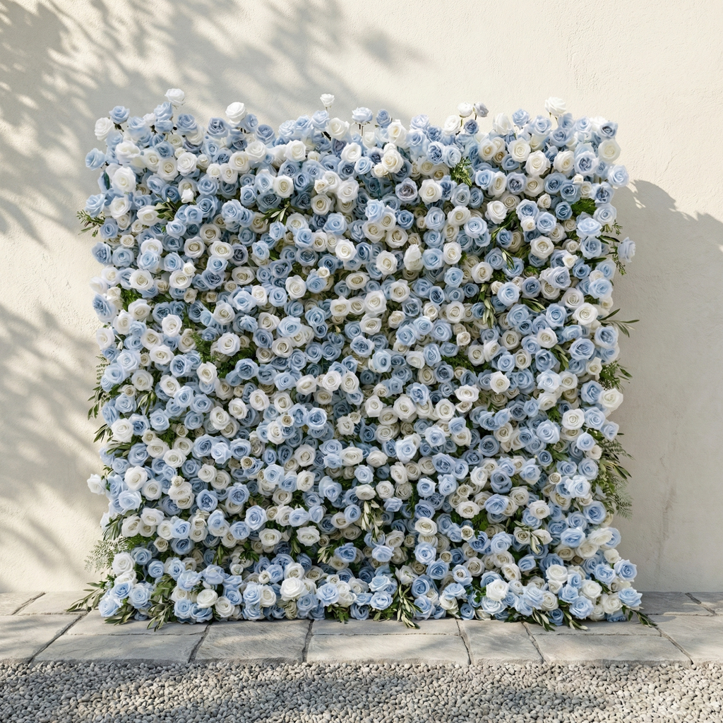 Stellan: 5D Elegant Serene Blue & Ivory Silk Floral Wall Roll-Up Fabric Backdrop for Seaside Weddings & Parties