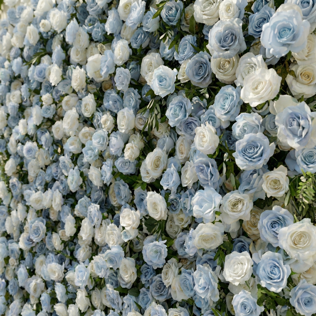 Stellan: 5D Elegant Serene Blue & Ivory Silk Floral Wall Roll-Up Fabric Backdrop for Seaside Weddings & Parties