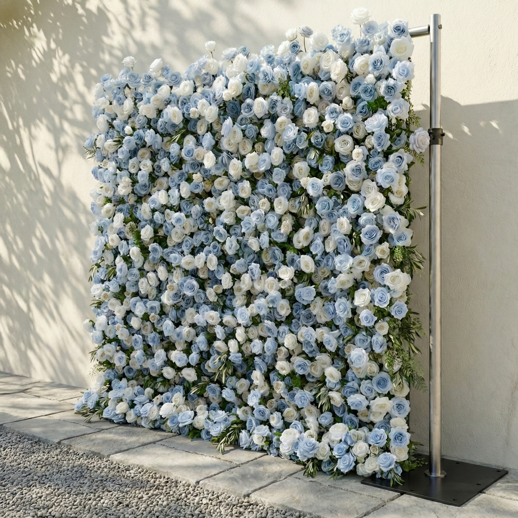 Stellan: 5D Elegant Serene Blue & Ivory Silk Floral Wall Roll-Up Fabric Backdrop for Seaside Weddings & Parties