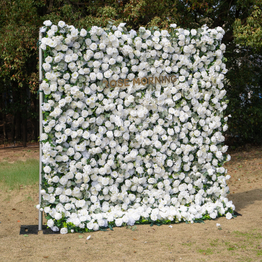 Sylas: 5D Luxury White Rose & Forest Foliage Silk Floral Wall Roll-Up Fabric Backdrop for Elegant Garden Weddings & Receptions