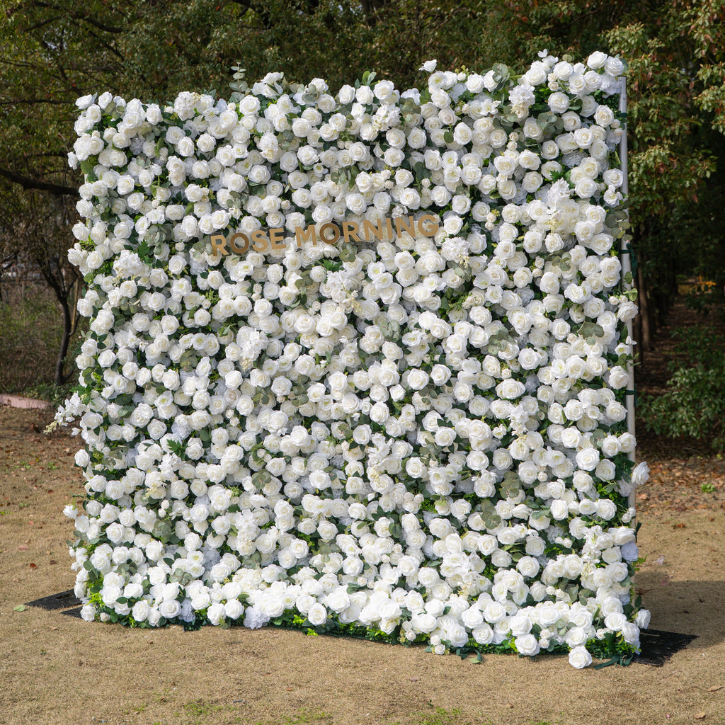 Sylas: 5D Luxury White Rose & Forest Foliage Silk Floral Wall Roll-Up Fabric Backdrop for Elegant Garden Weddings & Receptions
