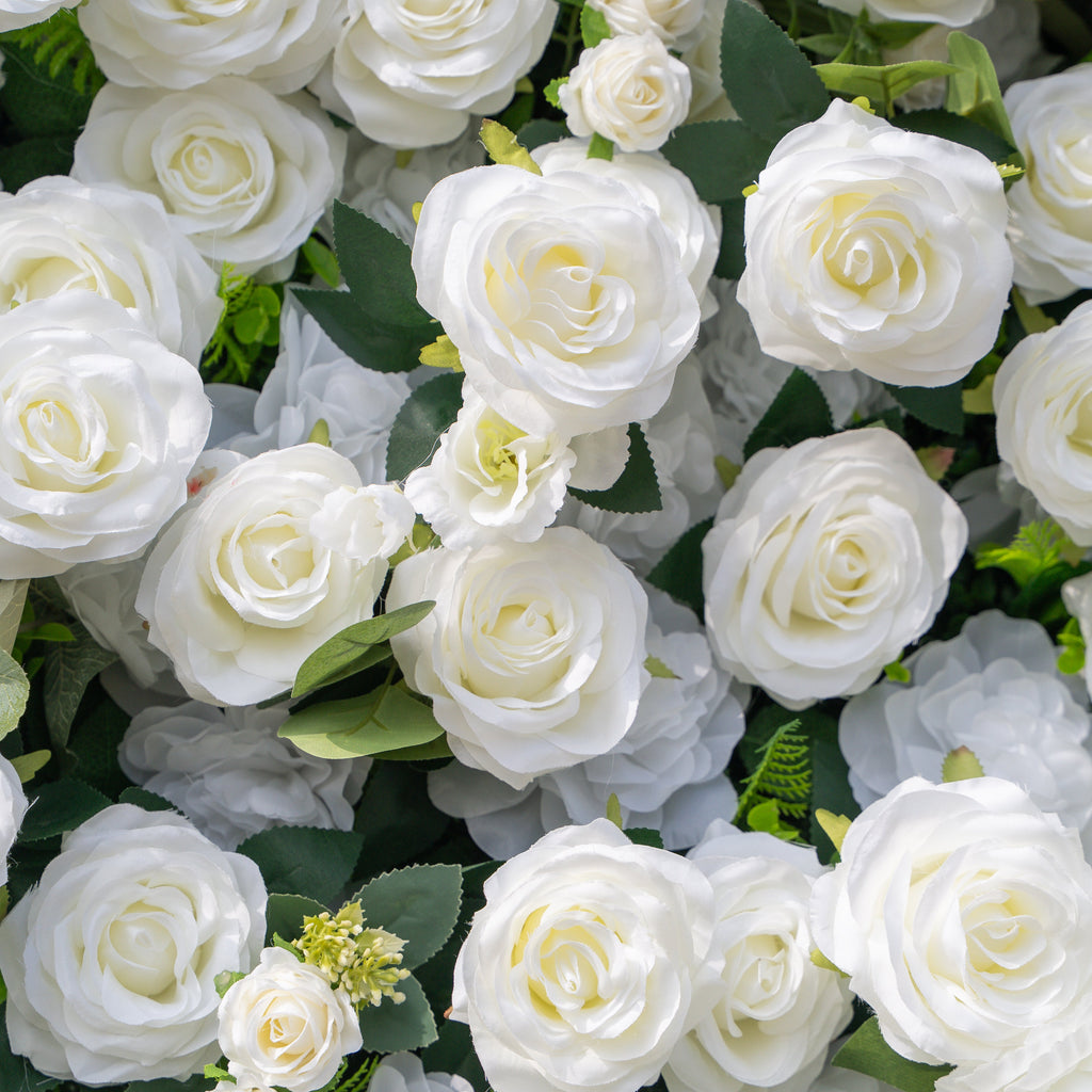 Sylas: 5D Luxury White Rose & Forest Foliage Silk Floral Wall Roll-Up Fabric Backdrop for Elegant Garden Weddings & Receptions