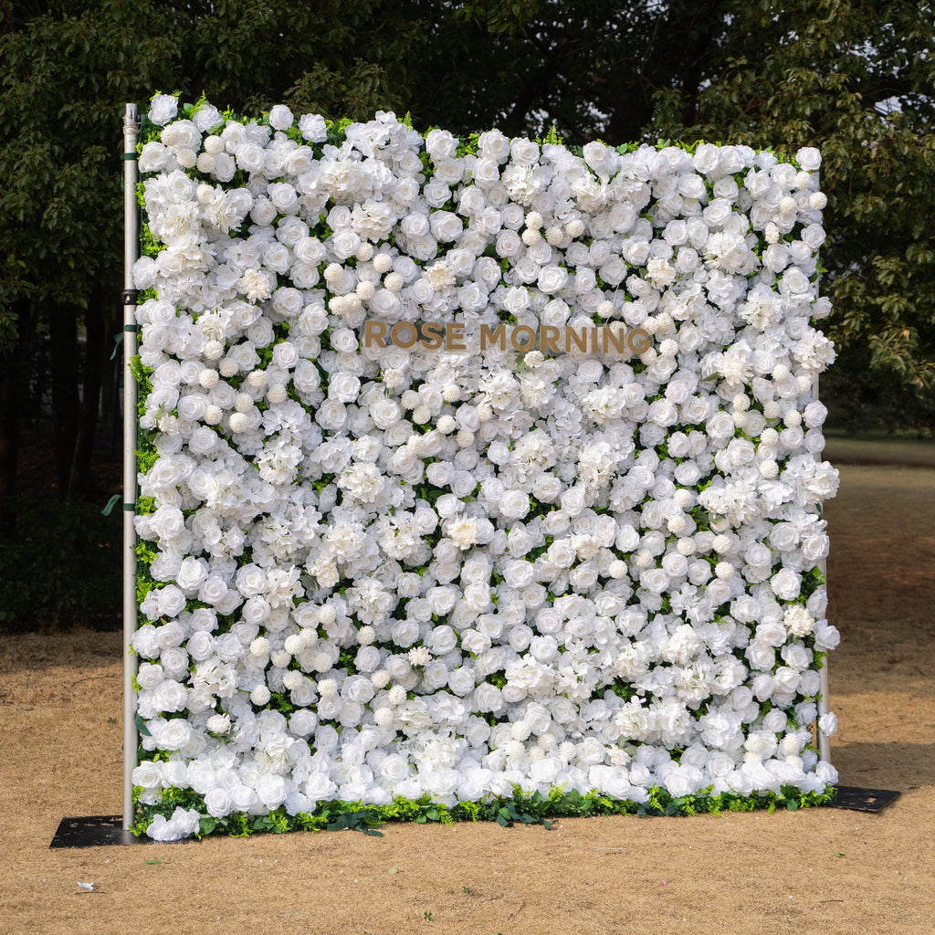 Thalia: 3D Pure White Luxury Silk Floral Wall Roll-Up Fabric Backdrop for Elegant Wedding Ceremonies & Minimalist Events