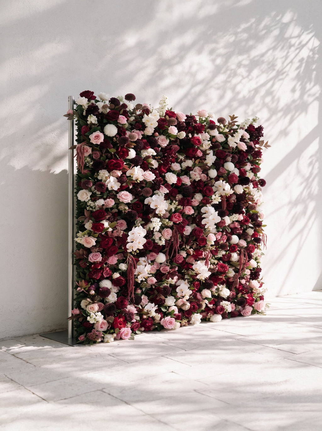 Garnet ：2026 Luxury 5D Berry & Burgundy Floral Wall with Greenery Roll-Up Backdrop for Rustic Garden Weddings