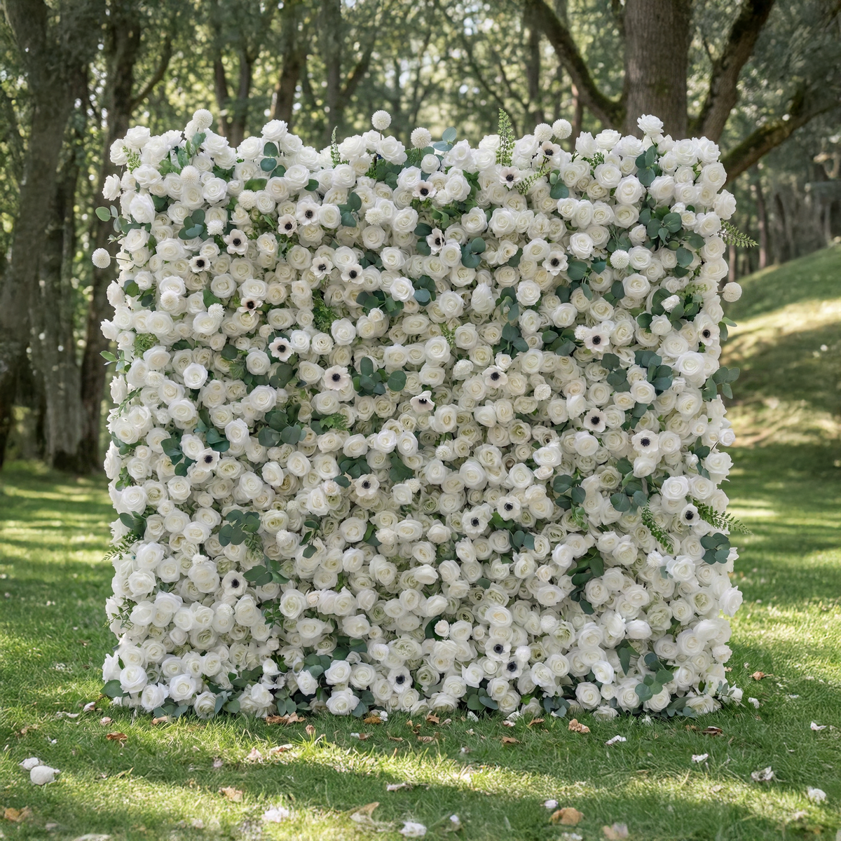 Veda: 5D Elegant White Silk Rose & Greenery Wall Roll-Up Fabric Backdrop for Grand Weddings & Ceremonies