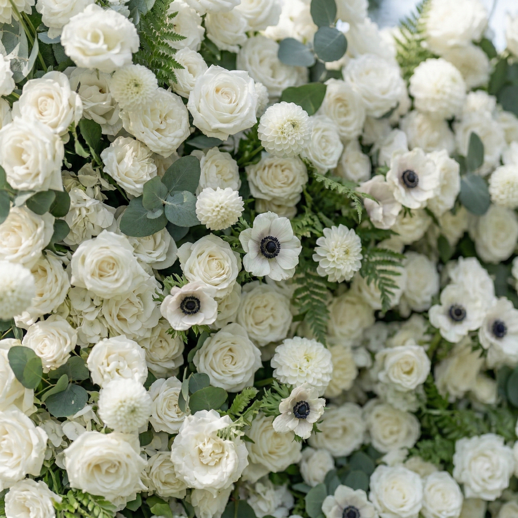 Veda: 5D Elegant White Silk Rose & Greenery Wall Roll-Up Fabric Backdrop for Grand Weddings & Ceremonies
