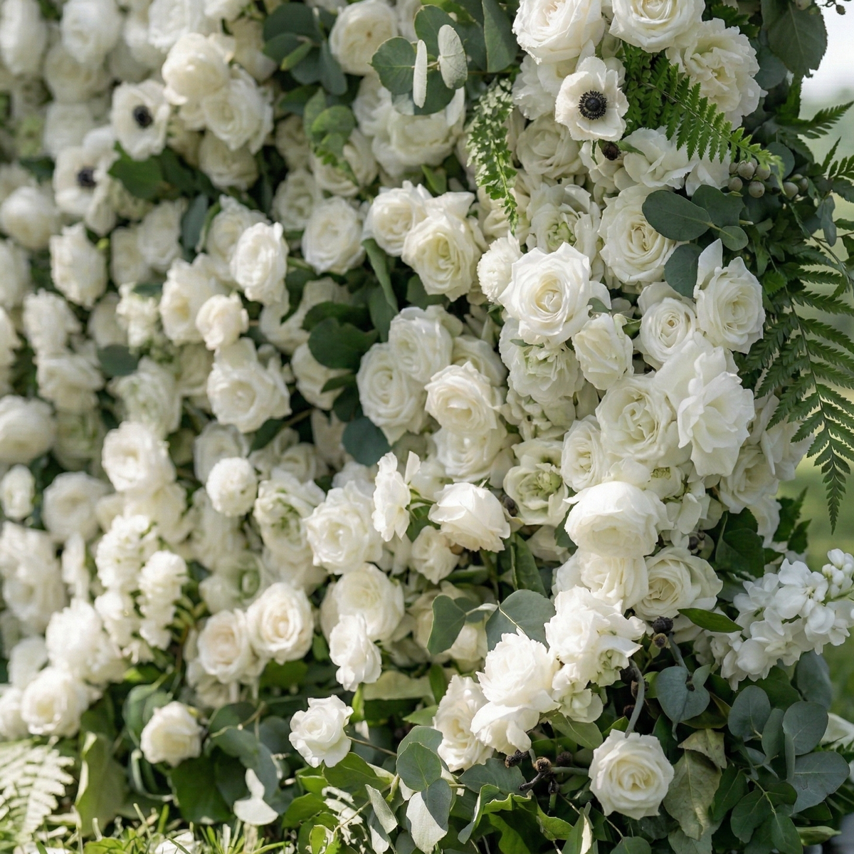 Veda: 5D Elegant White Silk Rose & Greenery Wall Roll-Up Fabric Backdrop for Grand Weddings & Ceremonies