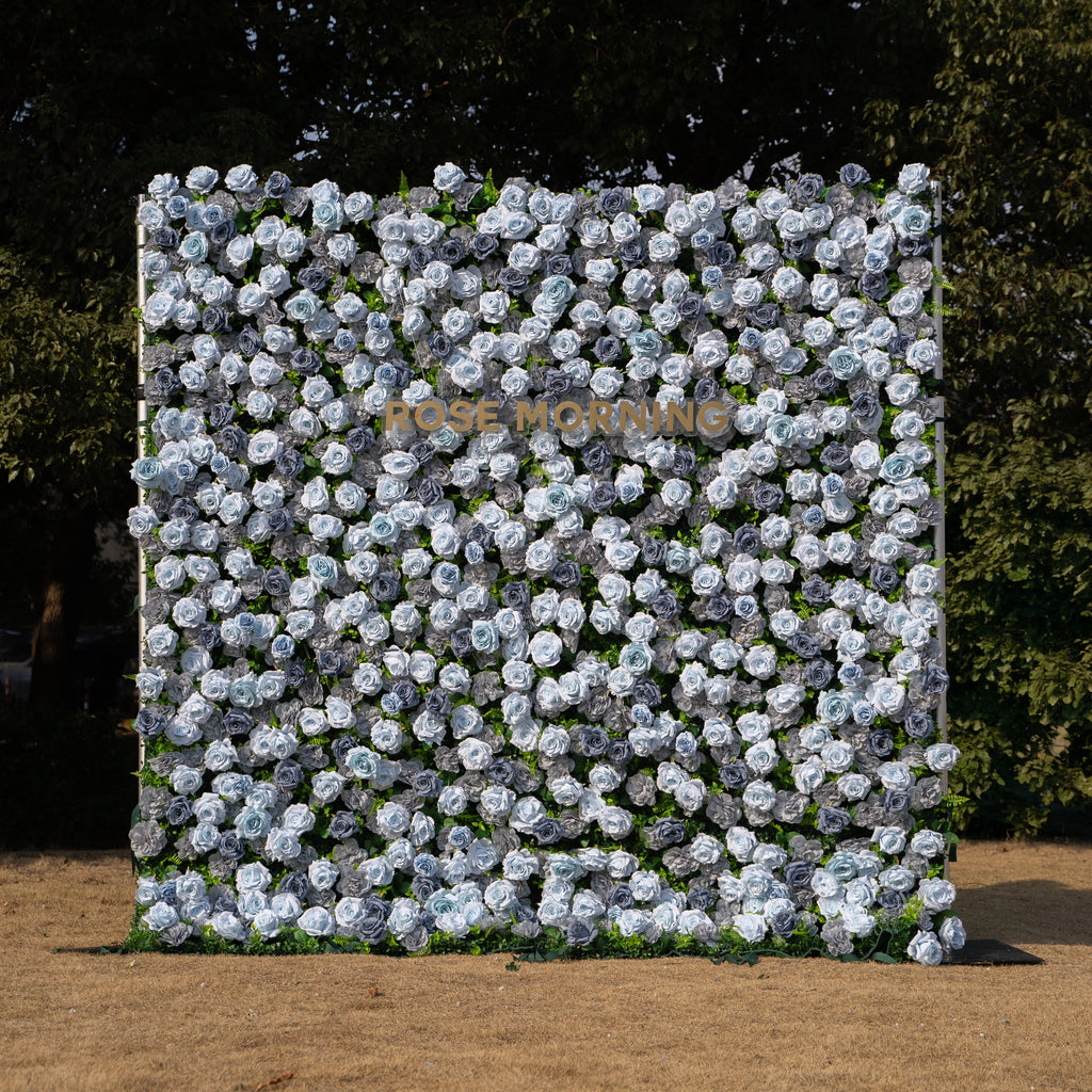 Velora: 3D Dusty Blue Rose Roll-Up Fabric Curtain Floral Backdrop for Weddings & Luxury Events