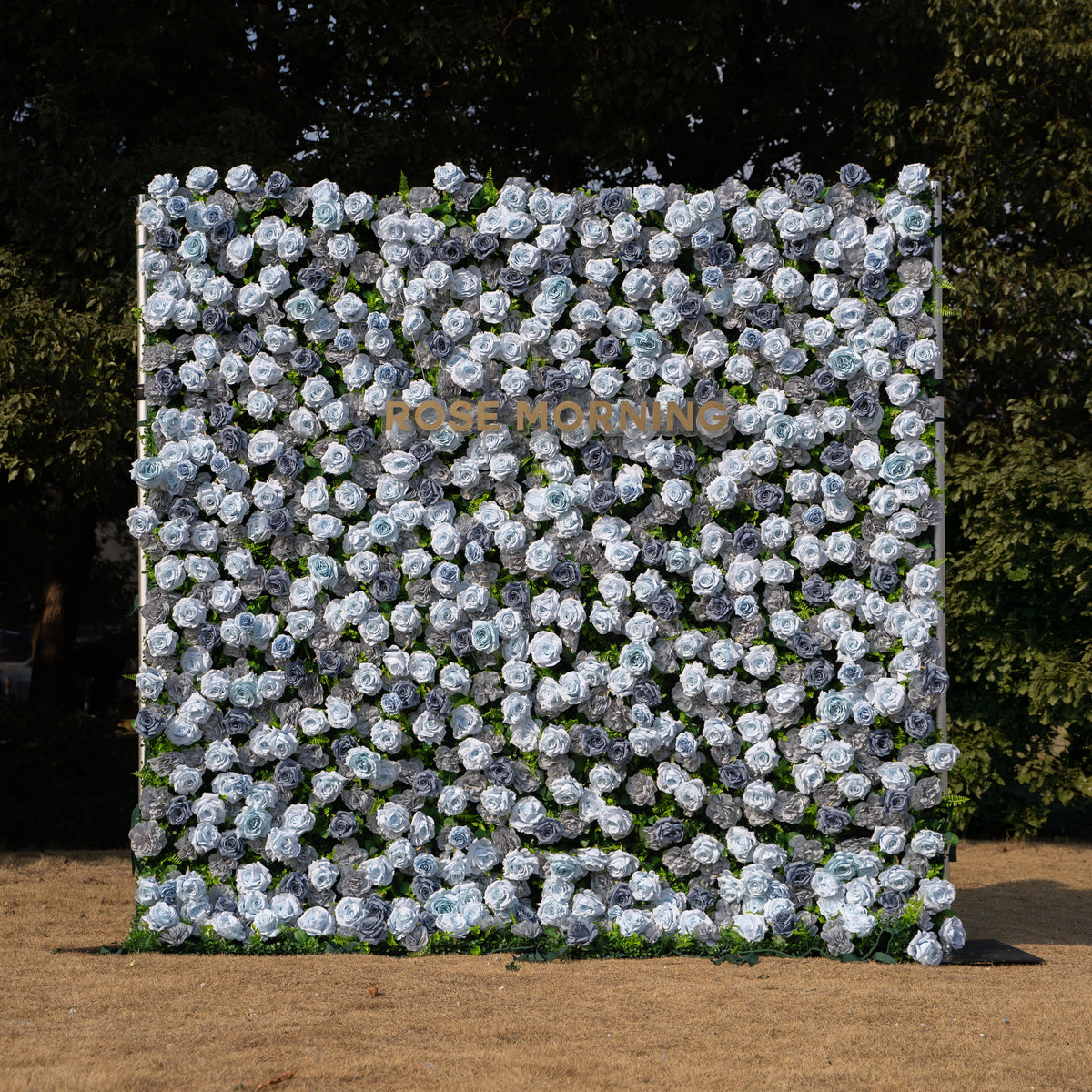 Velora: 3D Dusty Blue Rose Roll-Up Fabric Curtain Floral Backdrop for Weddings & Luxury Events