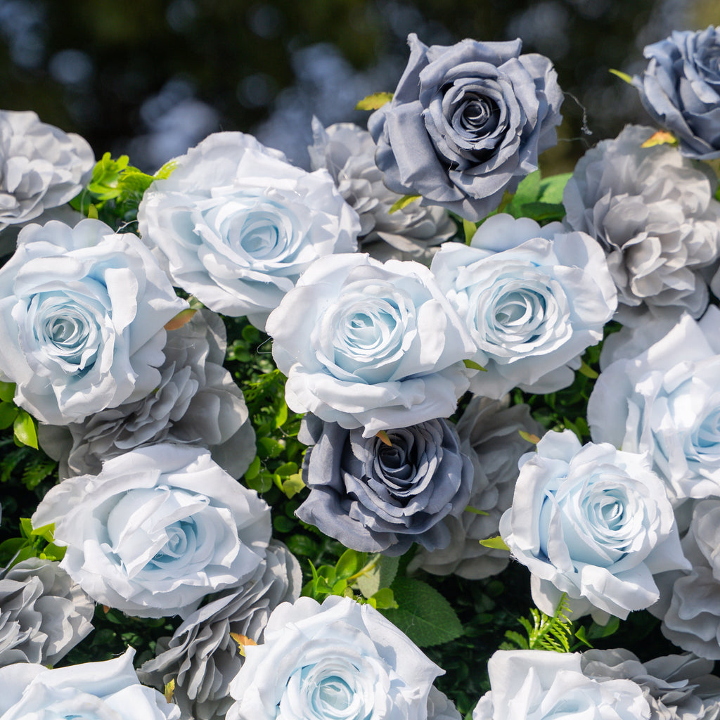 Velora: 3D Dusty Blue Rose Roll-Up Fabric Curtain Floral Backdrop for Weddings & Luxury Events