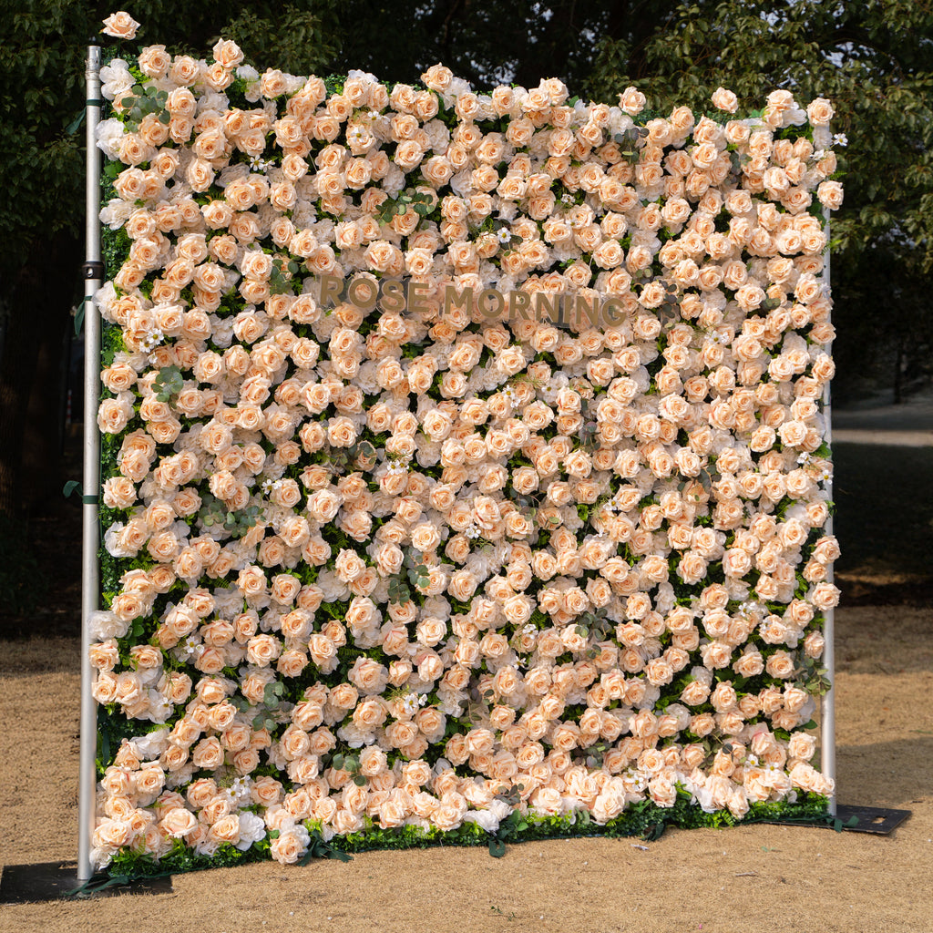 Zephyra: 3D Elegant Champagne Silk Rose Flower Wall Roll-Up Fabric Backdrop for Luxury Weddings & Events