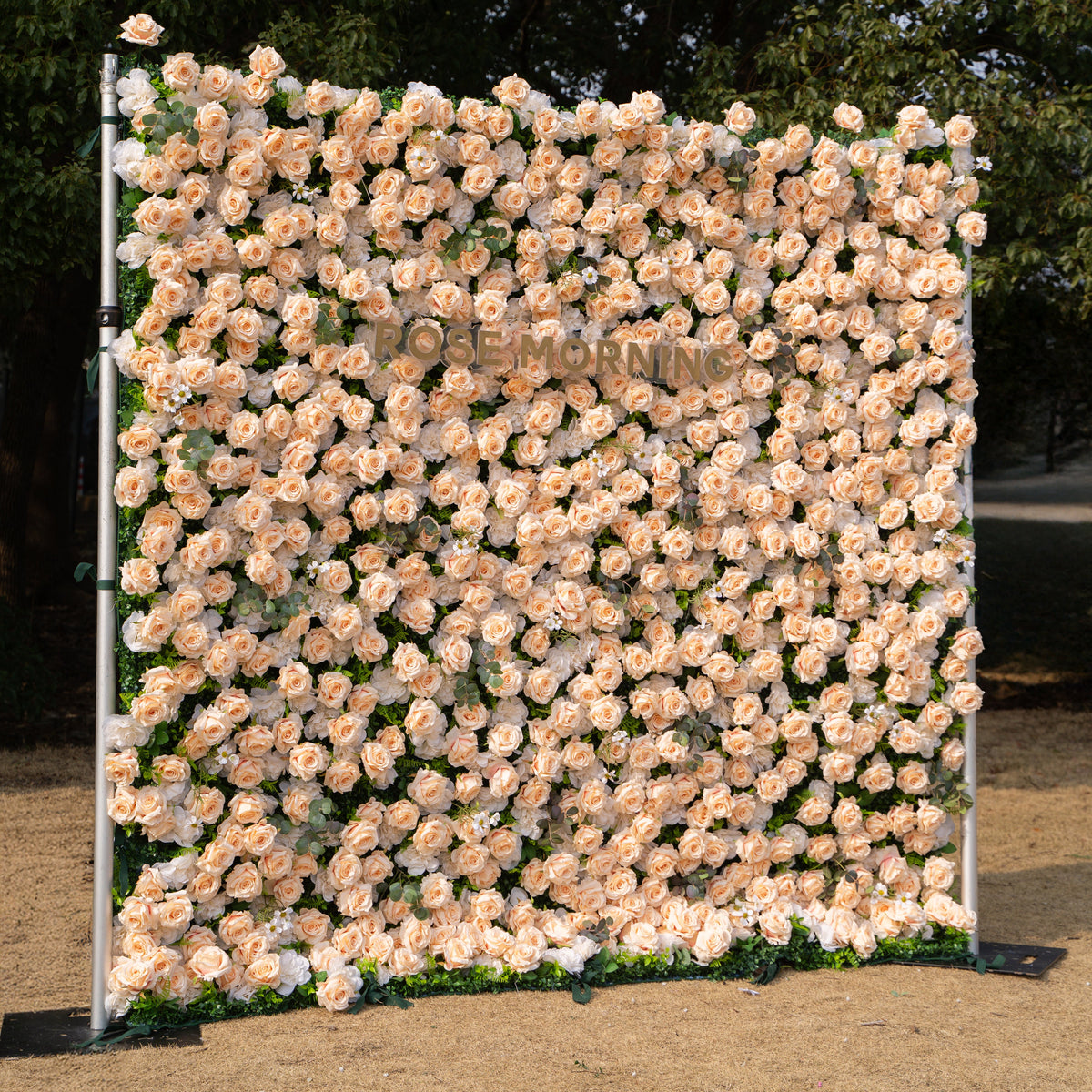 Zephyra: 3D Elegant Champagne Silk Rose Flower Wall Roll-Up Fabric Backdrop for Luxury Weddings & Events