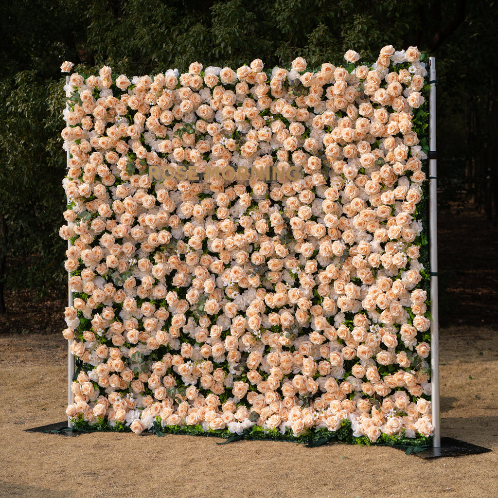 Zephyra: 3D Elegant Champagne Silk Rose Flower Wall Roll-Up Fabric Backdrop for Luxury Weddings & Events
