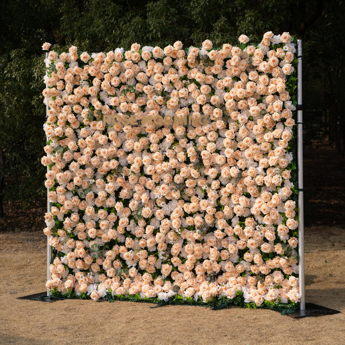 Zephyra: 3D Elegant Champagne Silk Rose Flower Wall Roll-Up Fabric Backdrop for Luxury Weddings & Events