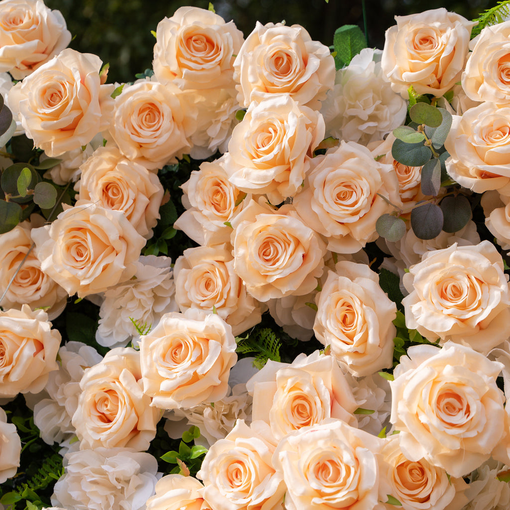 Zephyra: 3D Elegant Champagne Silk Rose Flower Wall Roll-Up Fabric Backdrop for Luxury Weddings & Events