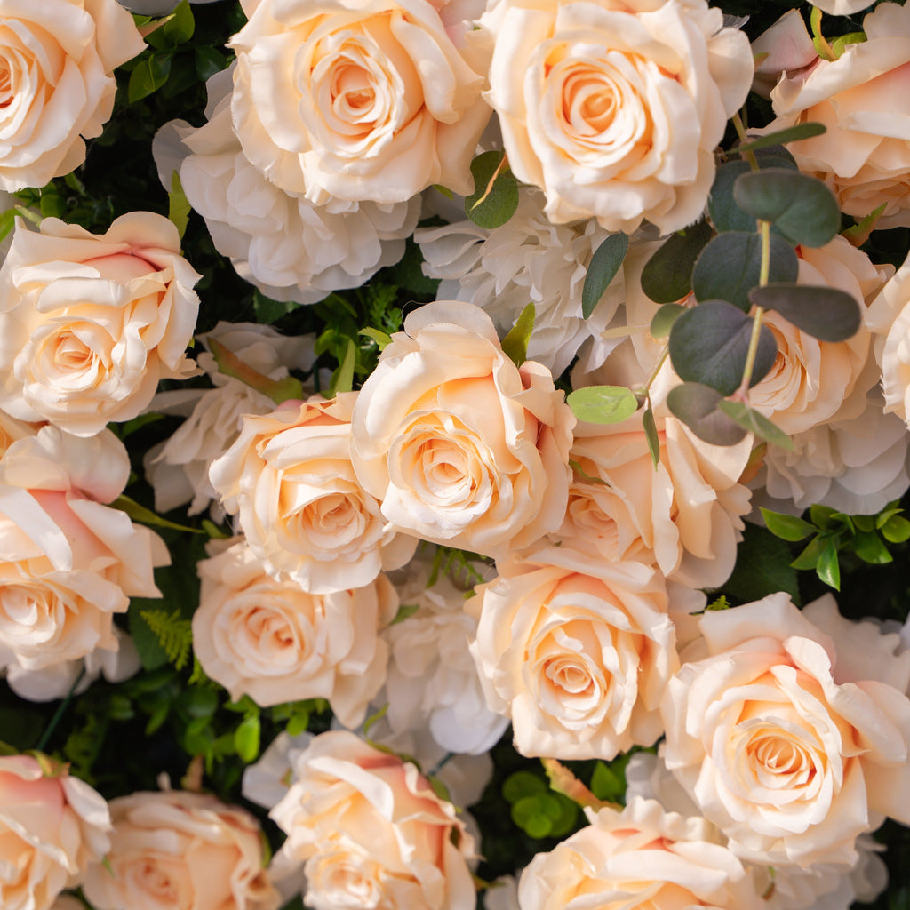 Zephyra: 3D Elegant Champagne Silk Rose Flower Wall Roll-Up Fabric Backdrop for Luxury Weddings & Events