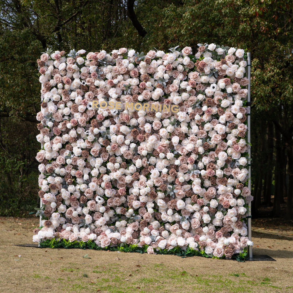 Ziven: 5D Elegant Latte & Ivory Silk Rose Flower Wall Roll-Up Fabric Backdrop for Luxury Wedding & Modern Interior Decor
