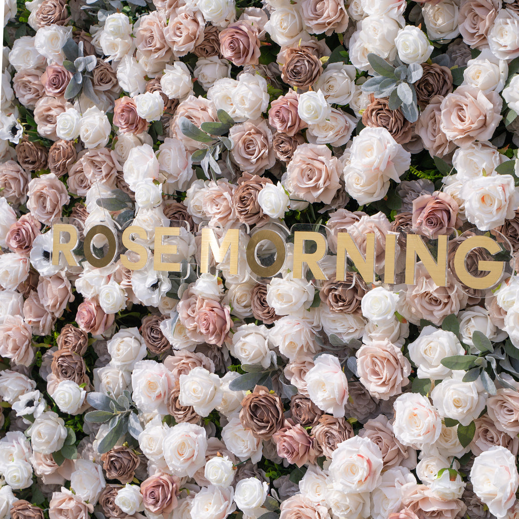 Ziven: 5D Elegant Latte & Ivory Silk Rose Flower Wall Roll-Up Fabric Backdrop for Luxury Wedding & Modern Interior Decor