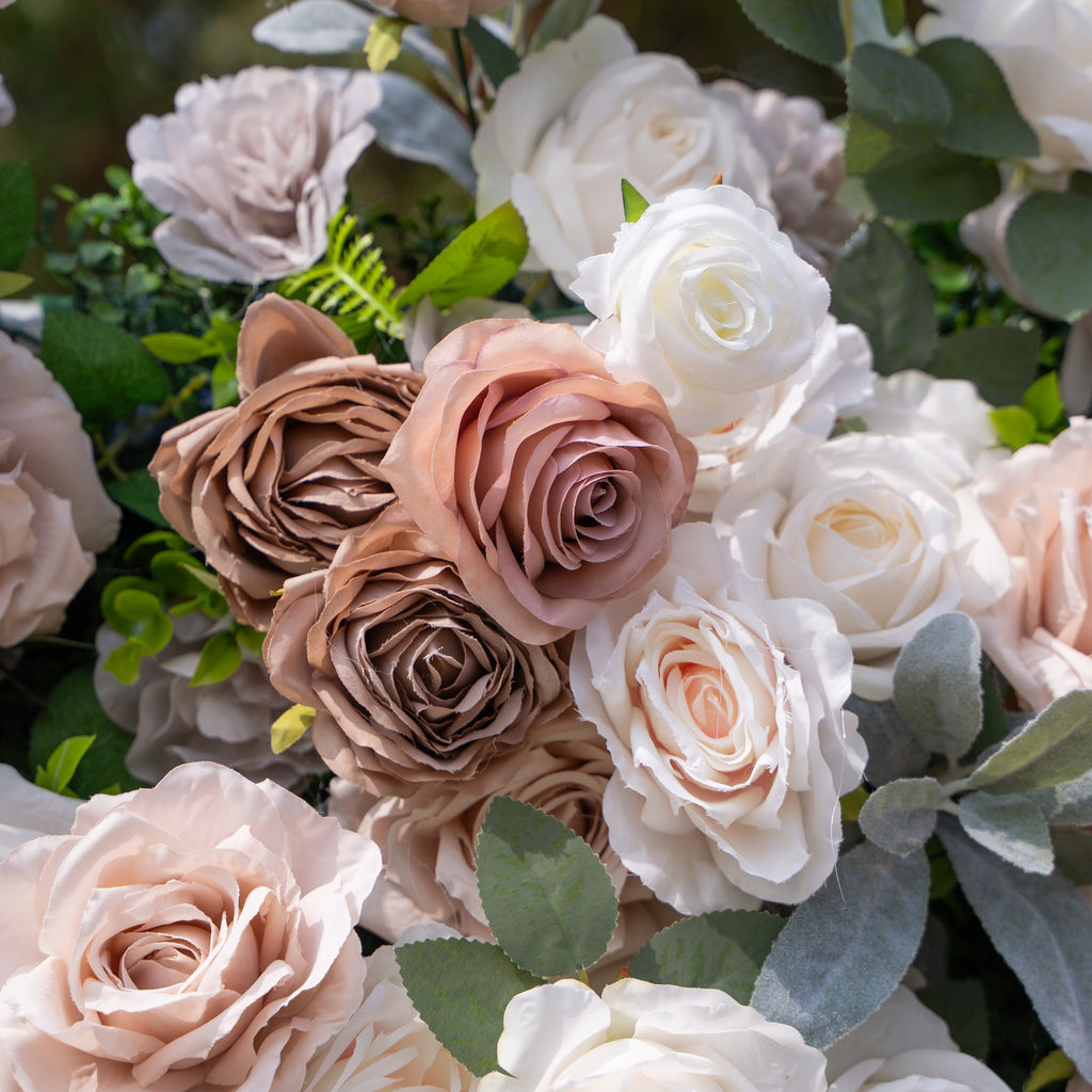 Ziven: 5D Elegant Latte & Ivory Silk Rose Flower Wall Roll-Up Fabric Backdrop for Luxury Wedding & Modern Interior Decor