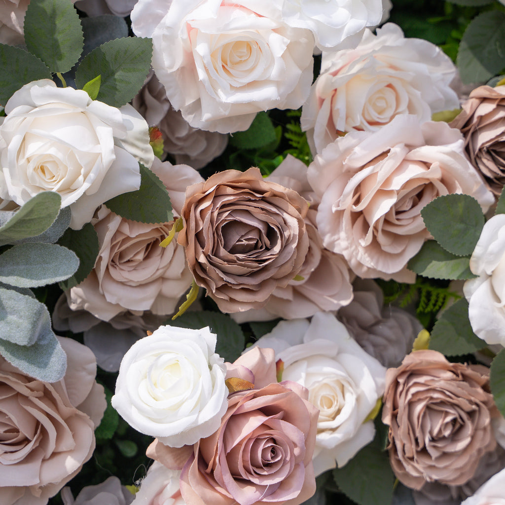 Ziven: 5D Elegant Latte & Ivory Silk Rose Flower Wall Roll-Up Fabric Backdrop for Luxury Wedding & Modern Interior Decor