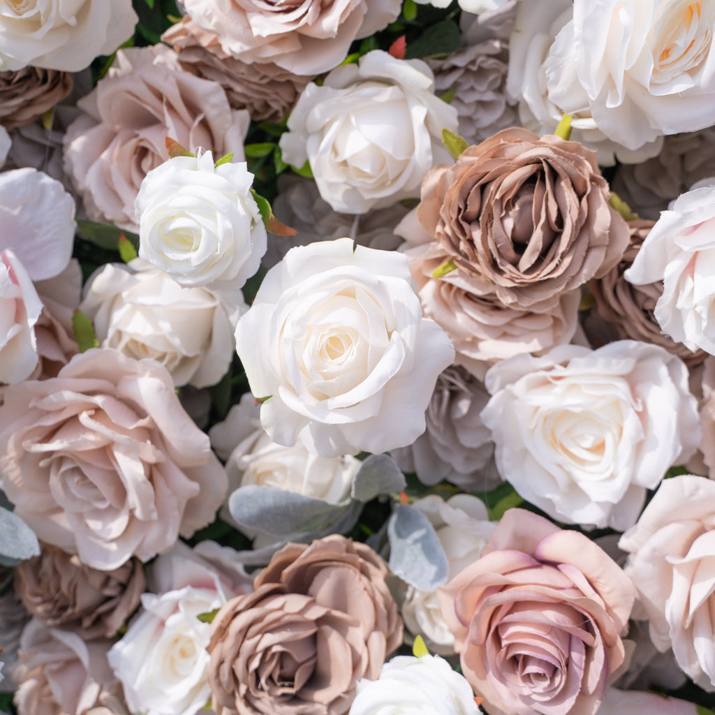 Ziven: 5D Elegant Latte & Ivory Silk Rose Flower Wall Roll-Up Fabric Backdrop for Luxury Wedding & Modern Interior Decor